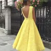 2019 Gorgeous Party Abiti Sexy Collo Plumning Puffy A Linea Tè Lunghezza Tè Giallo Lace Wedding Guest Abiti