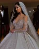 Luxury Arabic Sheer Long Sleeves Satin Ball Gown Wedding Dresses 2020 Beaded Crystals Ruched Chapel Train Wedding Bridal Gowns CPH044
