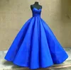 Royal Blue Satin Ball Gown Bröllopsklänningar Peats Ruched Spaghetti V-Neck Cupcake Party Dress for Bride Bridal Gowns Women Vestidos de