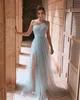 2020 Arabisch ASO EBI Sky Blue Goedkope Avondjurken Eén Schouder Sequined Prom Dresses High Split Formal Party Second Reception Jurken ZJ643