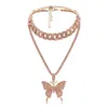 Style rétro multicouche avec strass complet en forme de papillon pendentif déclaration collier large chaîne bijoux de mode