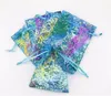 Coralline Organza Drawstring Smycken Förpackning Påsar Party Candy Bröllop Favor Giftväskor Design Sheer med Gilding Pattern 10 x14cm 100pcs