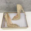Casual Designer Fashion Women Shoes Gold Glitter Spikes Point Toe Stiletto Stripper Slingback Höga klackar för Prom Evening Pumps Stor storlek 44 12cm
