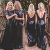 Sparkly Navy Blue Sequins Bridesmaid Dresses Short Sleeves Sexy Backless Maid of Honor Gowns Plus Size Wedding Guest Dress