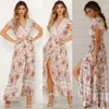 Frauen Boho Floral Long Maxi Kleid V-Ausschnitt Floral Split Kleid Sommer Strand Sonnendren