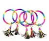 PU Läder Rainbow Armband Keychain Färgglada Key Ring Circle Tassel Women Girl Bracelets Nyckelringar