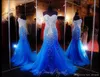 Sexy koningsblauw zeemeermin lange prom jurken optocht vrouwen sexy lieverd kralen kristal vestidos de gala tule avondjurken