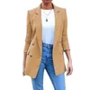 レディースブレザーレディースロングジャケットファッションソリッドダブル胸部ブレザーコート女性ビジネスオーバーコート