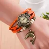 Mode Kvinna Klockor Retro MultiLayer Dolphin Pendant Bead Flätat Faux Läder Quartz Armband Armbandsur Alloy Tag Ladies Watch