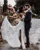 Split Bohemian Latest Dresses V Neck Lace Appliqued Bridal Gowns Country Boho Style Beach Wedding Dress