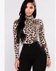 Damska koszulka Highstreet Office Lady High Neck Leopard Drukuj Dopasowane Pulowniki Z Długim Rękawem Tee Jesień Dorywczo Damskie Top