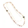 Fashion designer luxury classic cute flower elegant pearl multi layer long sweater statement necklace for woman gold white