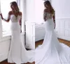 New Sleeve Long Mermaid Wedding Dresses Elegant Off Shoulder Appliques Satin Bridal Gowns Covered Button Back Vestidos De Novia