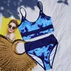 새로운 파란색 인쇄 수영복 하이 허리 비키니 2020 여성 수영복 2 조각 비키니 세트 Bather 수영복 수영 착용 레이디