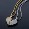 Iced out älskare par hjärtan hänge halsband uttalande guld silver färg cubic zircon hip hop smycken