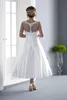 2019 vintage te längd korta bröllopsklänningar ärmlös pärlstav lace satin a-line kalv längd informella brudklänningar för mogna kvinnor