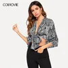 Colrovie Knot Front Snake Skin Print Scollo a V Sexy Kimono Camicetta da donna Camicia Autunno Mezza manica Camicetta da vacanza e top Y19050501