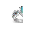 Prêt Stock Luxueux Ovale Turquoise Gemme Bague Femmes Bohème Plume Style 925 Bague En Argent Bijoux Cadeaux pour Fête Anniversaire