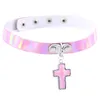 Harajuku Cross Charms Pendant Choker Necklace Women Luminescent Laser Leather Short neck collar Fashion Holographic Jewelry