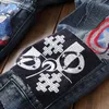 Dark Blue Tracksuit Embroidery Patch Design Jacket Jeans 2 Piece Set Multi-badge Skull Jeans Sets Slim Denim Jacket and Flag Badge Paint Jeans