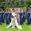 African Mermaid Bridesmaid Dresses Side Split Criss Cross Straps Ruffles Plus Size Maid of Honor Dress Navy Blue Wedding Guest Gowns