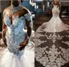 Lussuosi abiti da sposa a sirena taglie forti Strass Cristalli Pizzo con perline Maniche lunghe Corte dei treni Abito da sposa sudafricano Vestido De Novia