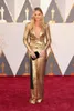 Neue Oscar Margot Robbie Gold-Abendkleider der reizvollen tiefen V-Ausschnitt Langarm Bling Sequined Promi Party Kleider Roter Teppich Abendkleider