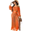 2020 Pescoço de Slash Knit Dois Parte Sets Mulheres Borlas Crop Top and Skirt Set Sexy Crochet Beach Wear 2 Piece Outfit de verão