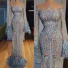 Se genom fjädrar Sequined Prom Dresses Dubai Illusion Långärmad Robe de Soiree Luxury Mermaid Evening Gowns Special Occasion Dress