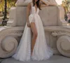 V Neck Lace Bohemian Bröllopsklänningar 2020 Tulle Applique High Split Backless Bow Sash Summer Beach Wedding Bridal Gown Vestidos de Novia