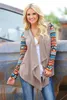 Cardigan da donna autunno Cardigan con motivi geometrici a contrasto Cardigan da donna aperto sul davanti Cascata drappeggio Orlo irregolare Boho Capispalla Top