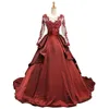 Wine Red Long Sleeve Wedding Dress With Ruffle Lace Beads Pleated Tiered Taffeta Scoop Hollow Back Plus Size Wedding Dresses Bridal Gowns