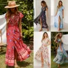 Frauen Boho Floral Long Maxi Kleid V-Ausschnitt Floral Split Kleid Sommer Strand Sonnendren