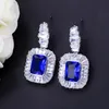 Moda Bridal Wedding Ladies Royal Jewelry CZ Crystal Inlay Dark Blue Square Cubic Cyrkon Big Oświadczenie Drop Kolczyki E157