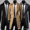 Mens Slim Trench Long Coat Jackets Winter Sleeved Double Breasted Overcoat Male Solid Color Windproof Outerwear Clothing