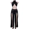 Boofeeaa Satin Silk Sexy 2 Sztuka Czarny Crop Top Split Szerokie Spodnie Niski Zestawy Zestawy Dopasowane Zestawy dla kobiet Ogólny zestaw C66AC2 C19041601