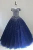 Marineblaues Ballkleid Quinceanera-Kleider 2020, schulterfrei, mit Schnürung am Rücken, mit großen Perlen verziert, Prinzessin, Puffy, Abschlussball-Party-Kleider, Sweet 16, Birt318D