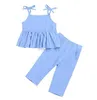 2019 zomer baby baby meisje kleding halter gegolfd shirt top mini jurk + baby lange broek broek blauwe kinderen outfits 1-6Y