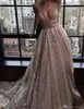 Glitter Sequins Long Prom Dresses Deep V Neck Open Back Elegant Evening Dress Sweep Train Chic Formal Party Gowns Robe de soiree1855