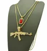 Męskie Iced Out AK-47 Karabin Gun Red Ruby Wisiorek W 24 "30" Naszyjnik Łańcuchowy 2 sztuk Biżuteria Zestaw Rapera Akcesoria