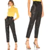 Womens Ladies Casual Skinny Wet Look PU Leather High Waist Stretch Pants Belted Pencil Trousers Black
