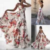 Blomma tryckklänningar Kvinnor Summer ärmlös V-ringning Backless Vintage Long Boho Party Tail Casual Loose Beach Pink Dress 2019