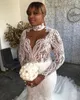 Abiti da sposa a sirena taglie forti Collo alto con applicazioni di pizzo Gonna a strati Abito da sposa sexy con scollatura sulla schiena a maniche lunghe personalizzato