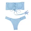 Strapless Checkered Shirred Bikini Smocked Bandeau Bathing Suits Sexy Thong Designeri Swimwear Women Swimsuit Free Shipping