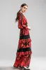 Women's Runway Dresses O Neck Long Sleeves Tiered Ruffles Prom Floral Printed Patchwork Elegant Maxi Long Party Dress