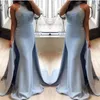 2019 Sexy Light Sky Blue Русалка Пром Платья Кружева Аппликации Холтер Overskirt Рукавов Развертки Поезд Ближнего Востока Партия Вечерние Платья Одежда