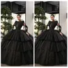 블랙 레이스 긴 소매 공 가운 Quinceanera 드레스 Tiered 공식적인 Cusotmized 2019 우아한 Vestidos de Prom 파티 가운 중동 착용