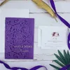シマリーパープルレーザーカットポケット結婚式の招待状スイートカスタマイズ可能な招待状応答カードとエンベロープ5717694