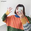 Fashion-Womens Stickad Ulzzang Loose Wild Color Stitching Kawaii Sweater Kvinna Koreanska Harajuku Jumper Långärmad Pullover för kvinnor