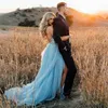 Light Sky Blue Chiffon Country Wedding Dress 2020 High Split Deep V Neck Pleats Ruched Sweep Train Bridal Gowns Custom Size211J